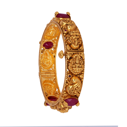 Divine Lakshmi Gold Bangle with Ruby Gemstone Embellishments