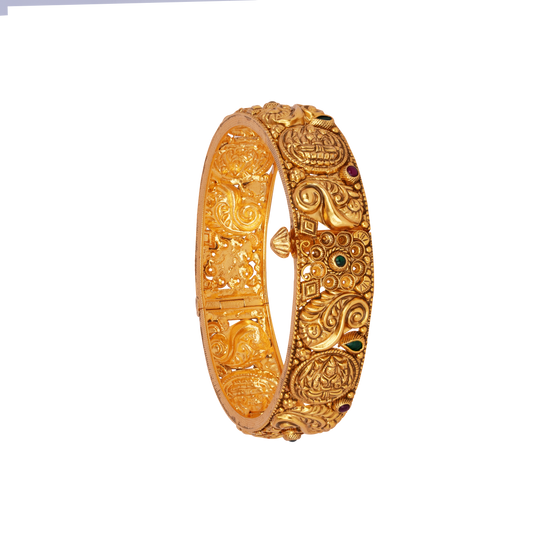 Mythical Splendor Gold Bangle with Peacock and Temple Motifs