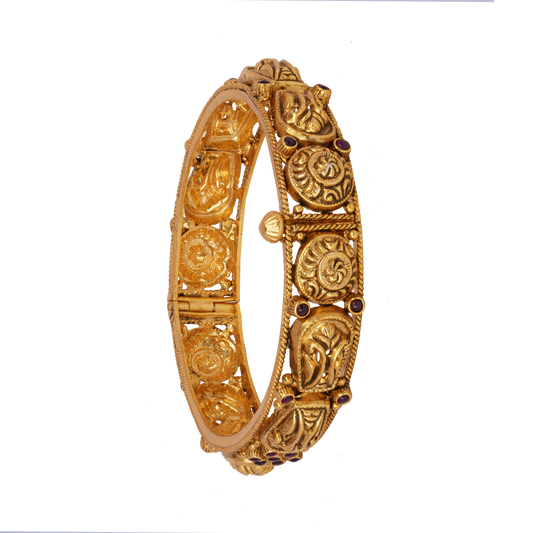 Antique Spiral and Paisley Gold Bangle with Ruby Embellishments