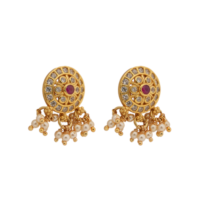 Ruby Blossom Chandbaali Pendant with Pearl Tassels