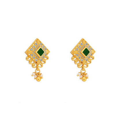 Meenakshi Emerald Square Chand Earrings with Pearl Drop