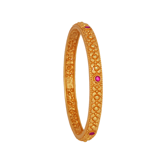 Delicate Floral Gold Bangle with Ruby Highlights