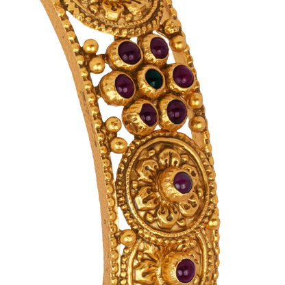 Antique Floral Medallion Gold Bangle with Ruby Studs
