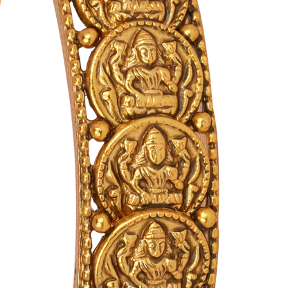 Sacred Lakshmi Gold Bangle with Temple Carvings and Ruby Highlights
