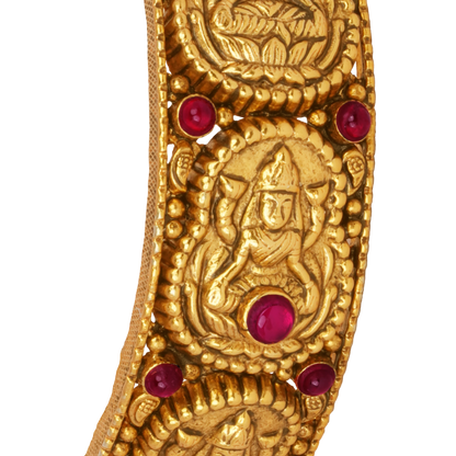 Divine Goddess Gold Bangle with Temple Motifs and Ruby Accents