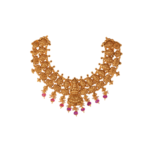 Regal Lakshmi Devi Temple Necklace with Antique Gold Finish and Ruby Drop Charms