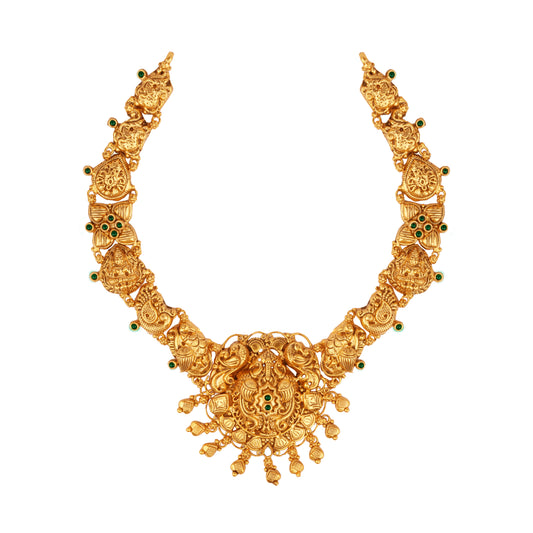 Majestic Twin Peacock Temple Necklace with Emerald Accents and Sunburst Pendant