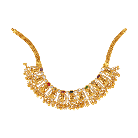 Navaratna Temple Choker with Deity Carvings and Gold Ball Danglers