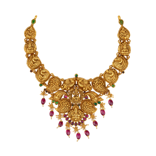 Majestic Antique Gold Temple Necklace with Lakshmi Motif & Ruby Drops