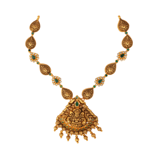 Antique Temple Necklace with Emerald Droplets and Lakshmi Motif Pendant