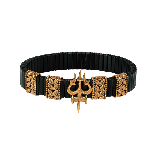 Shiv Trishul Elastic Kada in Antique Gold and Matte Black