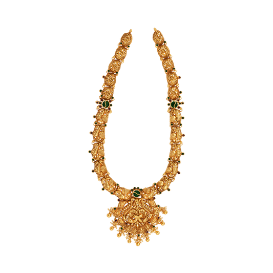 Heritage Peacock Vira Necklace with Antique Gold Finish and Emerald Accents