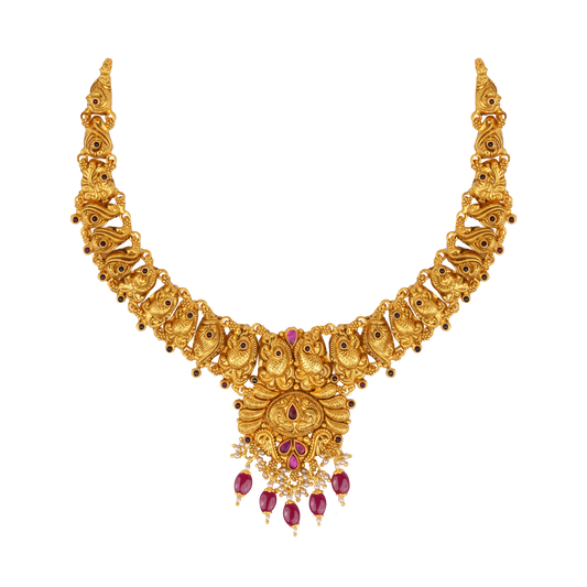 Regal Temple Heritage Necklace with Ruby Drops & Antique Gold Finish