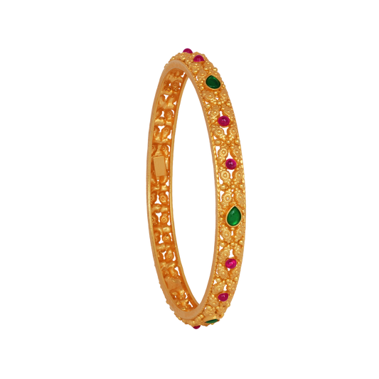 Intricate Floral Gold Bangle with Emerald and Ruby Studs