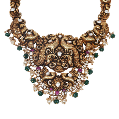 Vasudha Twin Peacock Nakshi Haar with Emerald & Pearl Clusters