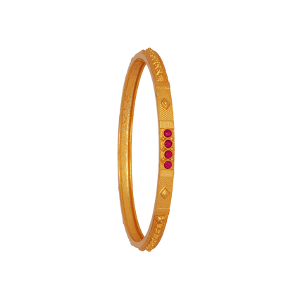 Sleek Geometric Gold Bangle with Ruby Cluster Detailing