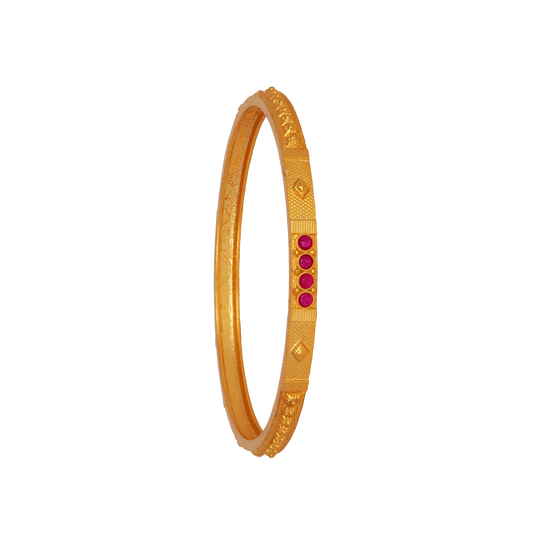 Sleek Geometric Gold Bangle with Ruby Cluster Detailing