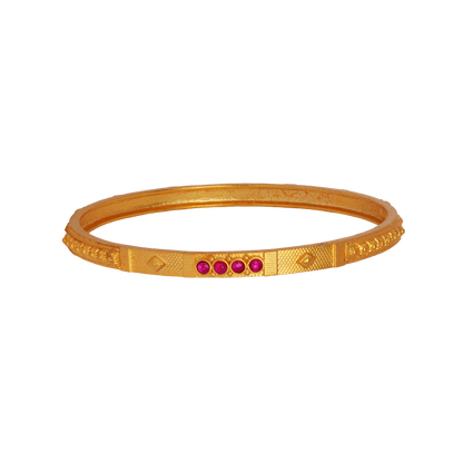 Sleek Geometric Gold Bangle with Ruby Cluster Detailing