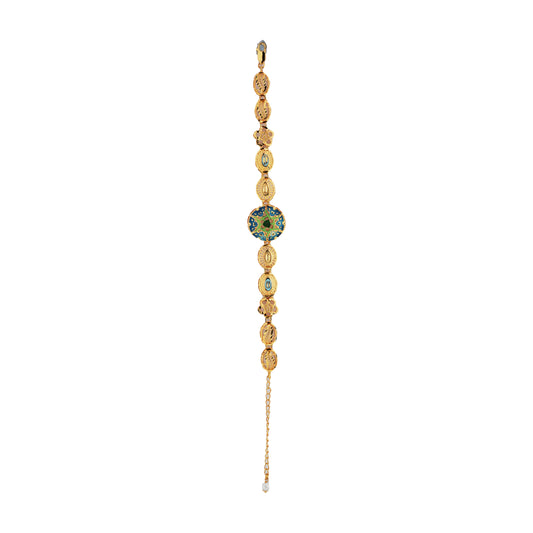 Meenakari Bloom Gold Bracelet with Antique Finish & Blue-Green Accents