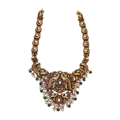 Vasudha Twin Peacock Nakshi Haar with Emerald & Pearl Clusters