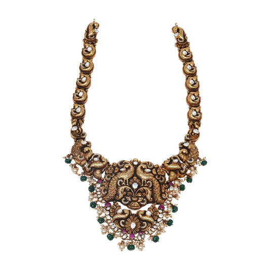 Vasudha Twin Peacock Nakshi Haar with Emerald & Pearl Clusters