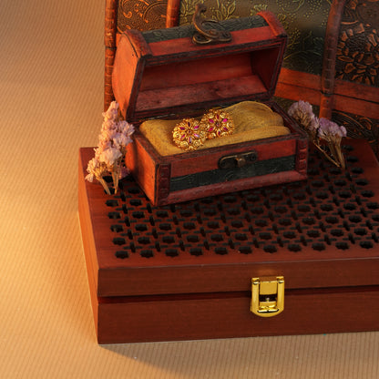 Antique Gold-Finish Padma Studs with Ruby Leaf Inlay and Nakshi Embellishments