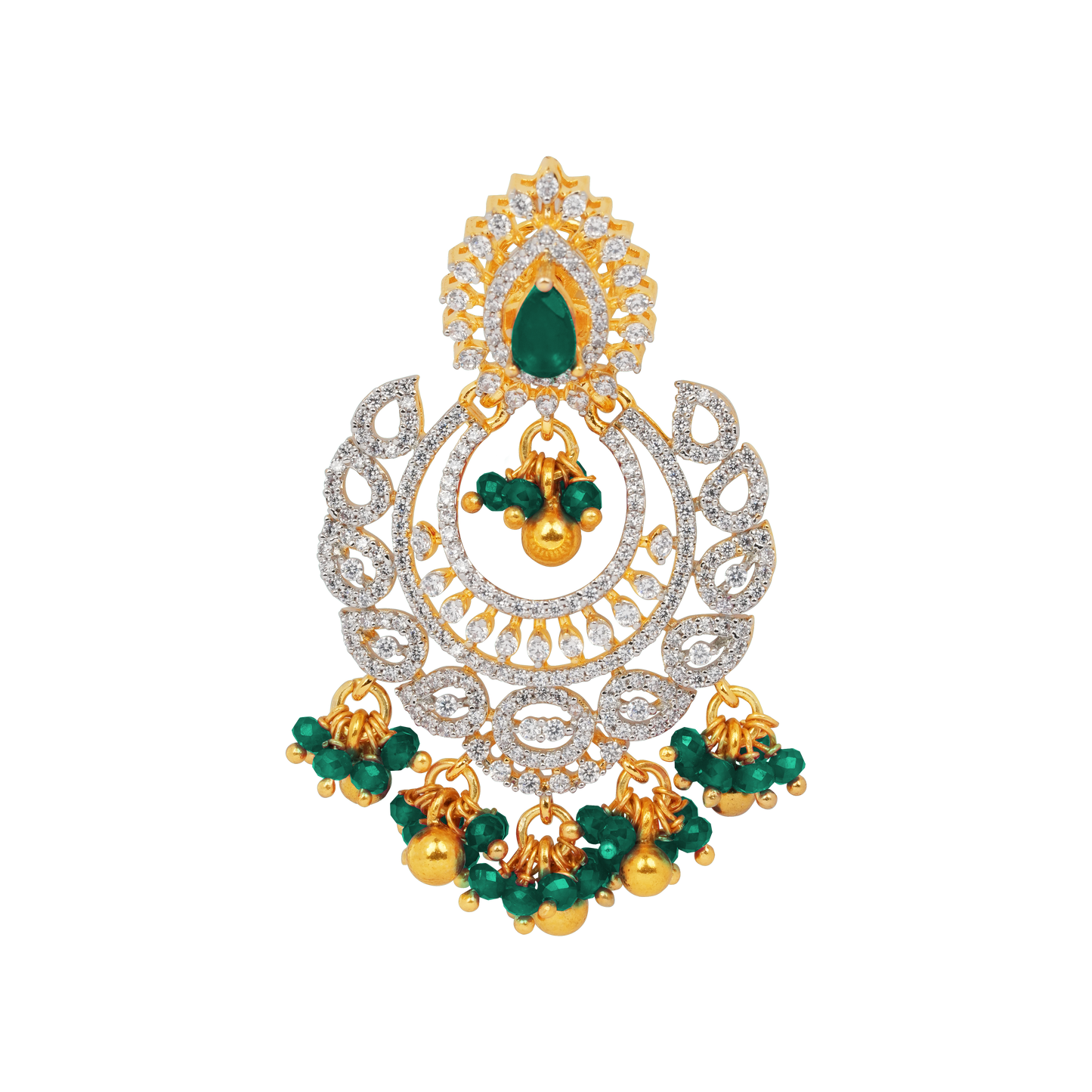 Emerald Empress: Diamond-Encrusted Chandbali with Green Bead Tassels