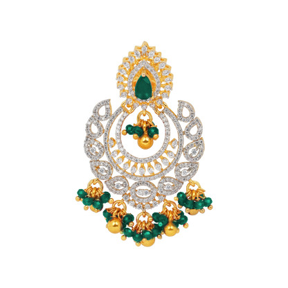 Emerald Empress: Diamond-Encrusted Chandbali with Green Bead Tassels