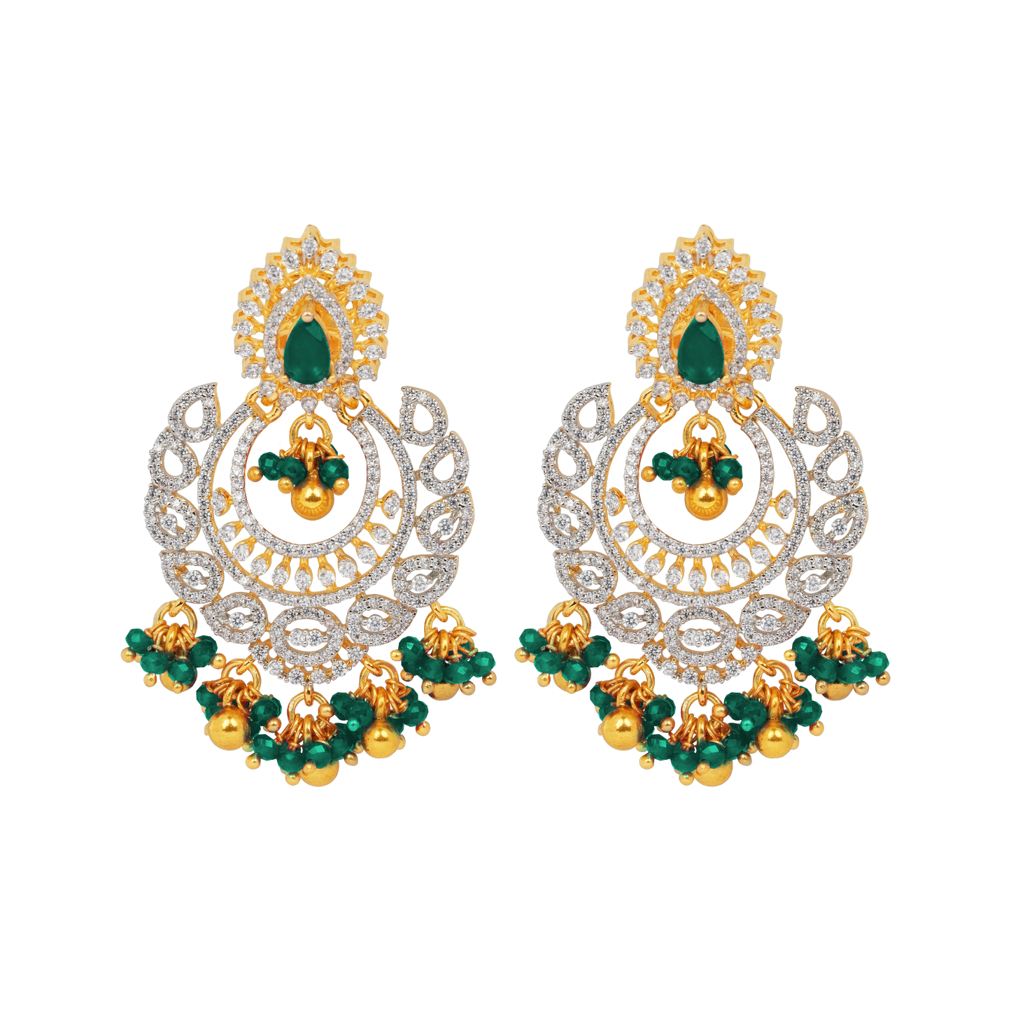 Emerald Empress: Diamond-Encrusted Chandbali with Green Bead Tassels