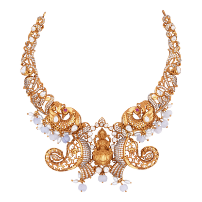 Majestic Victor Gold Necklace with Lakshmi Centerpiece, Intricate Elephants, and White Stone Accents