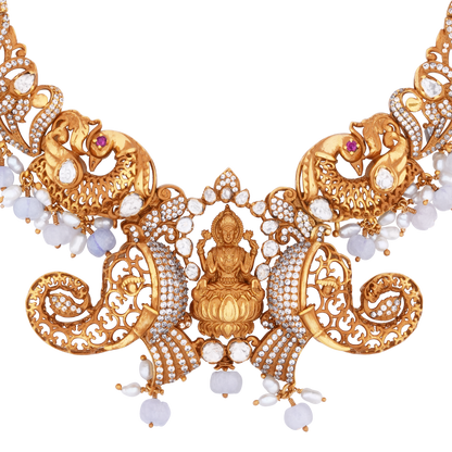Majestic Victor Gold Necklace with Lakshmi Centerpiece, Intricate Elephants, and White Stone Accents