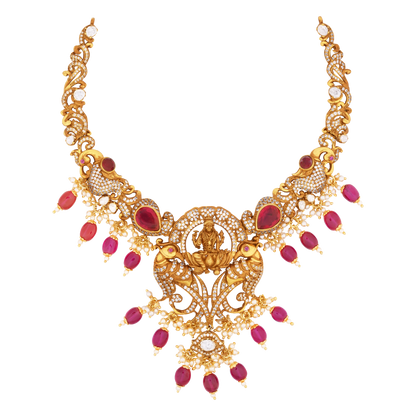 Ornate Victor Gold Necklace with Ruby Bead Drops, Lakshmi Pendant, and Intricate Peacock Motifs