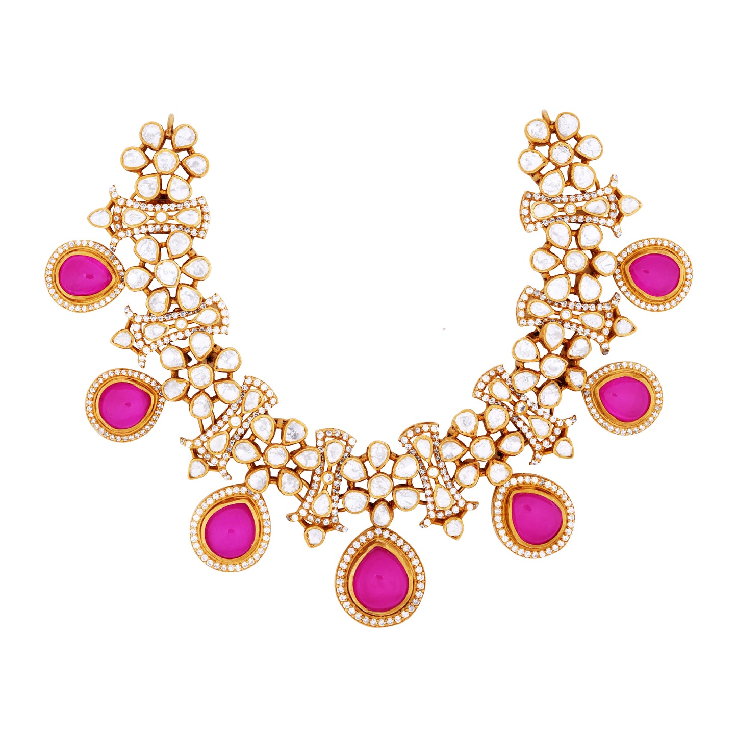 Radiant Victor Gold Necklace with Pink Stone Highlights and Intricate Floral Motifs