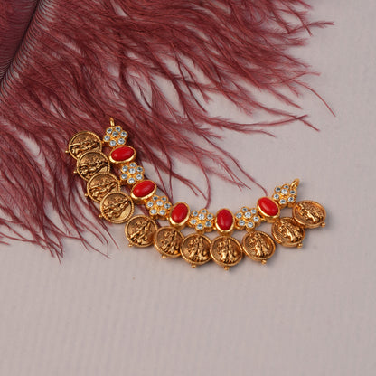 Antique Gold Lakshmi Coin Necklace with Ruby Petal Clusters
