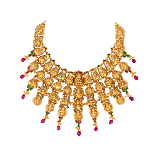 Divine Lakshmi Temple Necklace with Ruby Drops & Leaf Motifs