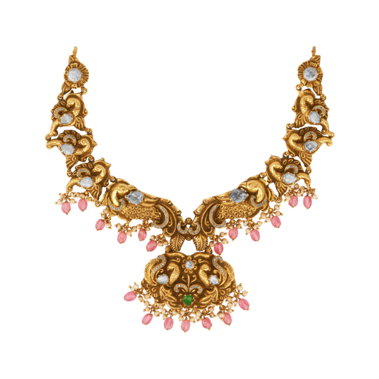 Regal Blush Peacock Antique Necklace with Kundan Accents
