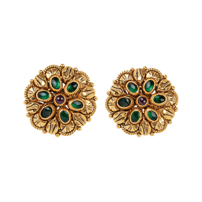 Antique Gold-Finish Padmini Studs with Emerald Petals and Ruby Centre