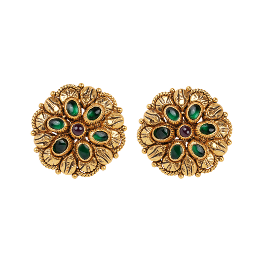 Antique Gold-Finish Padmini Studs with Emerald Petals and Ruby Centre
