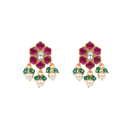 Antique Gold-Finish Roja Jhumki Stud with Triple Pearl Drop and Emerald Cluster