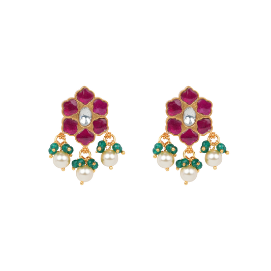 Antique Gold-Finish Roja Jhumki Stud with Triple Pearl Drop and Emerald Cluster