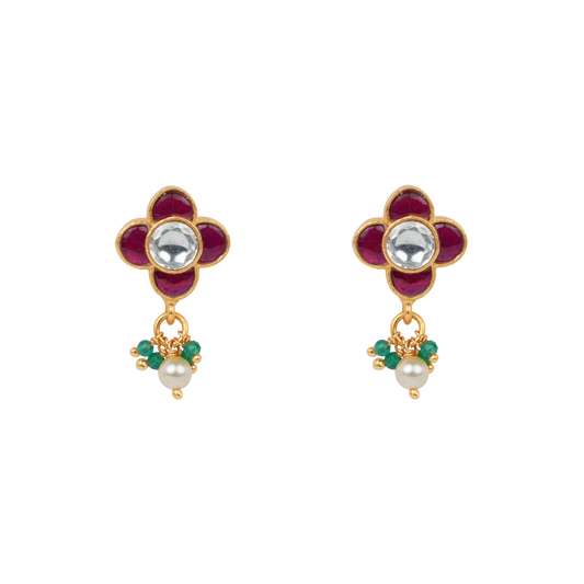 Antique Gold-Finish Charulata Stud with Ruby Clover Motif and Pearl Drop