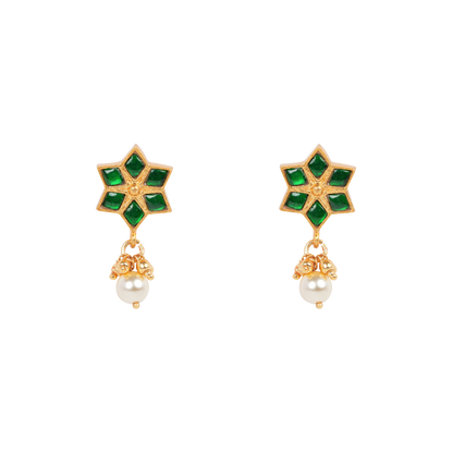 Antique Gold-Finish Emerald Star Earrings with Pearl Drops
