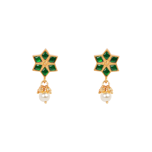 Antique Gold-Finish Emerald Star Earrings with Pearl Drops