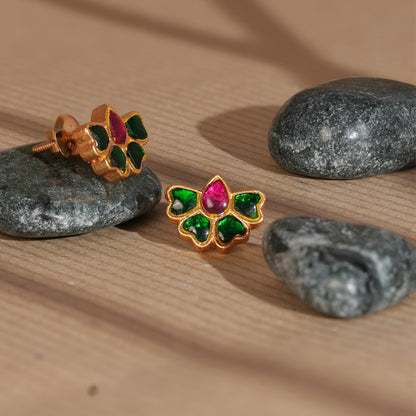 Antique Gold-Finish Kamalika Stud with Ruby & Emerald Enamel Inlay