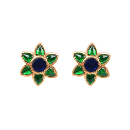 Antique Gold-Finish Lotus Studs with Emerald Petals and Cobalt Center