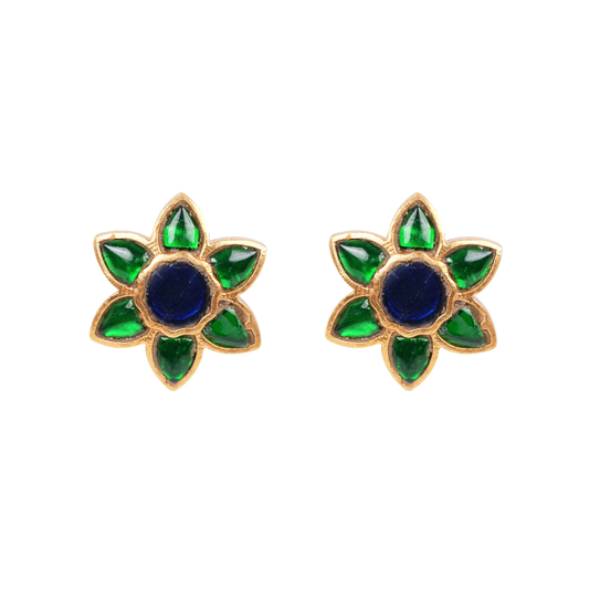 Antique Gold-Finish Lotus Studs with Emerald Petals and Cobalt Center