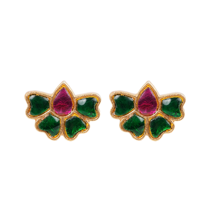 Antique Gold-Finish Kamalika Stud with Ruby & Emerald Enamel Inlay