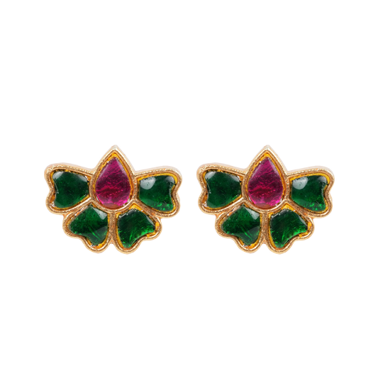 Antique Gold-Finish Kamalika Stud with Ruby & Emerald Enamel Inlay