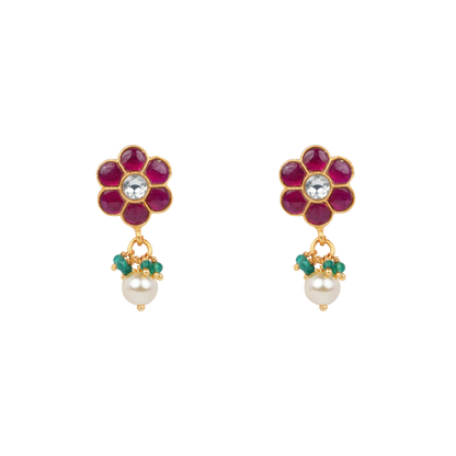 Antique Gold-Finish Roja Pushpam Stud with Pearl & Emerald Cluster Drop