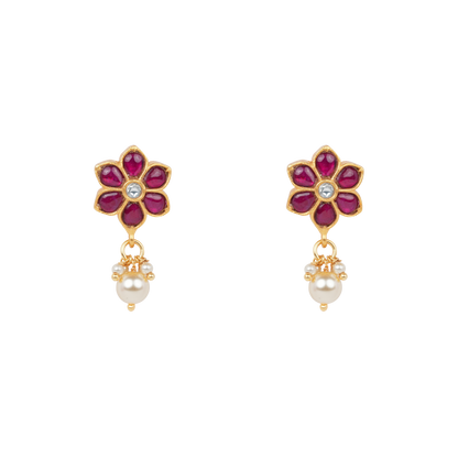 Antique Gold-Finish Pushpika Stud with Ruby Floral Motif and Pearl Drop